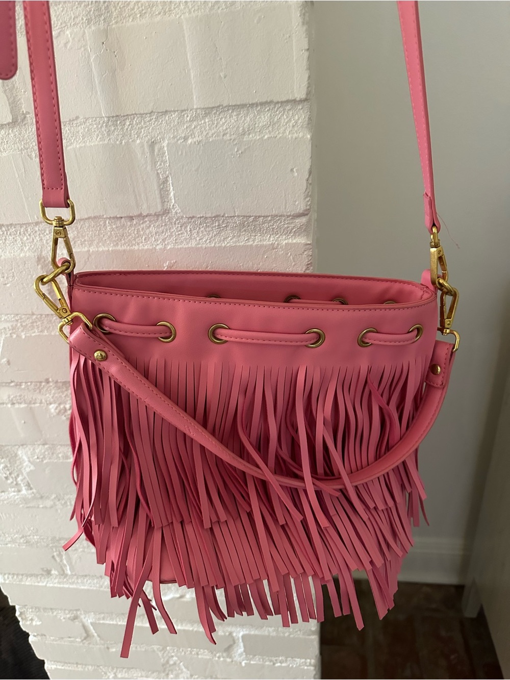 Melie Bianco Pink Fringe Crossbody with Gold Hardware